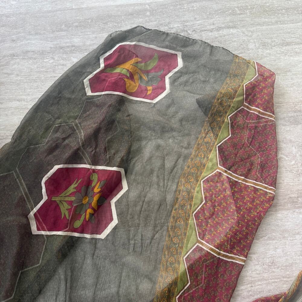 Vintage Silk Chiffon Scarf Boho Sheer Floral Long Wrap Festival Shawl - Picture 5 of 7